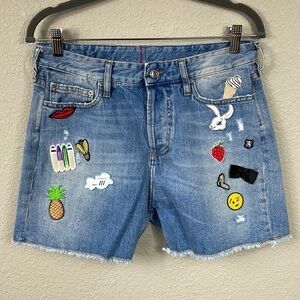 Mauro Grifoni Patched Denim Cut Off Shorts High Rise Italy Button Fly Sz 28